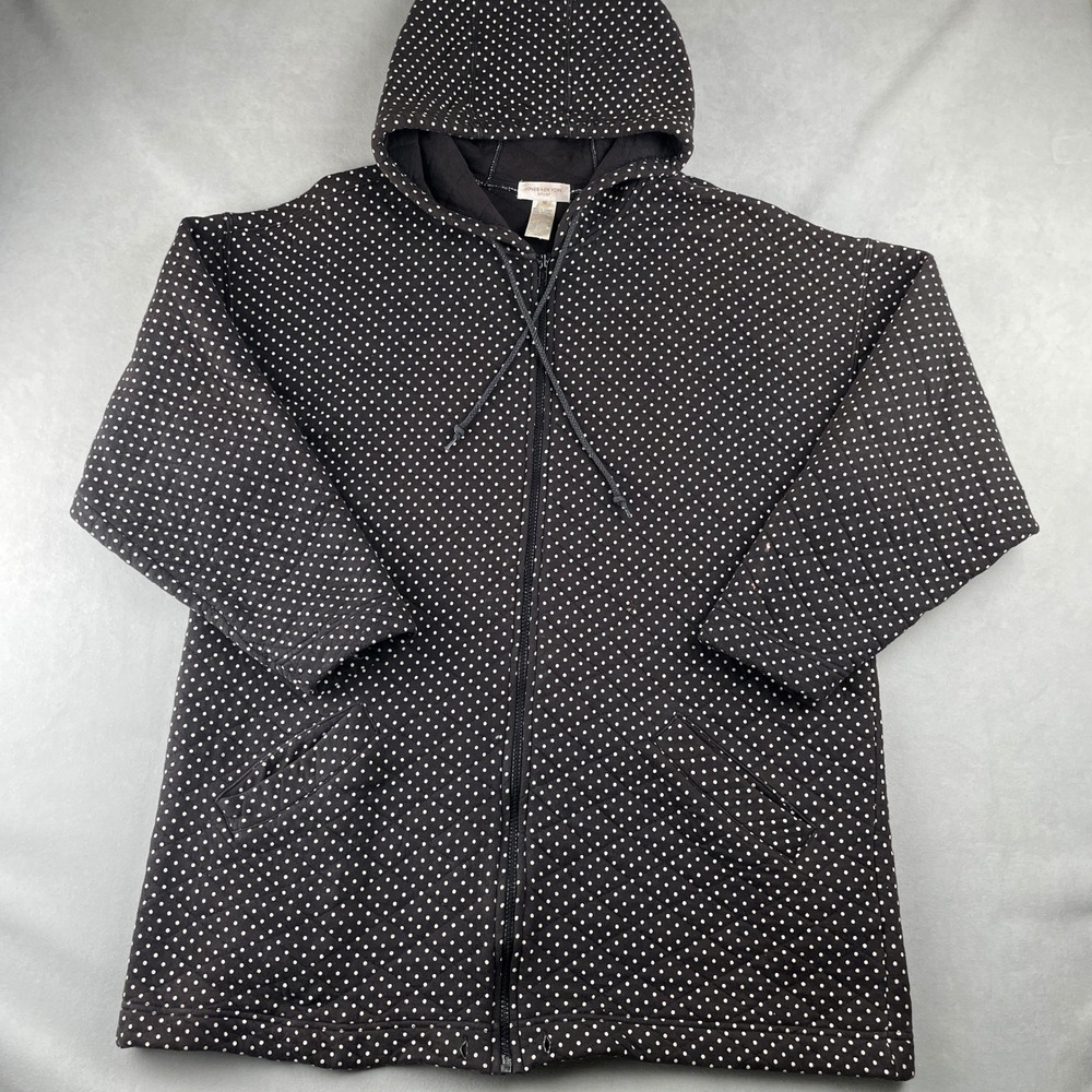 VTG Jones New York Sport Jacket Wmns M Black Quilted Polka Dot Zip Hoodie Casual